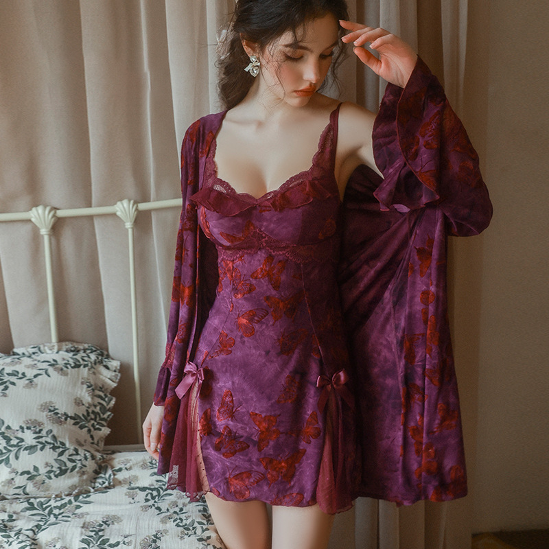 Butterfly print open-back nightgown robe